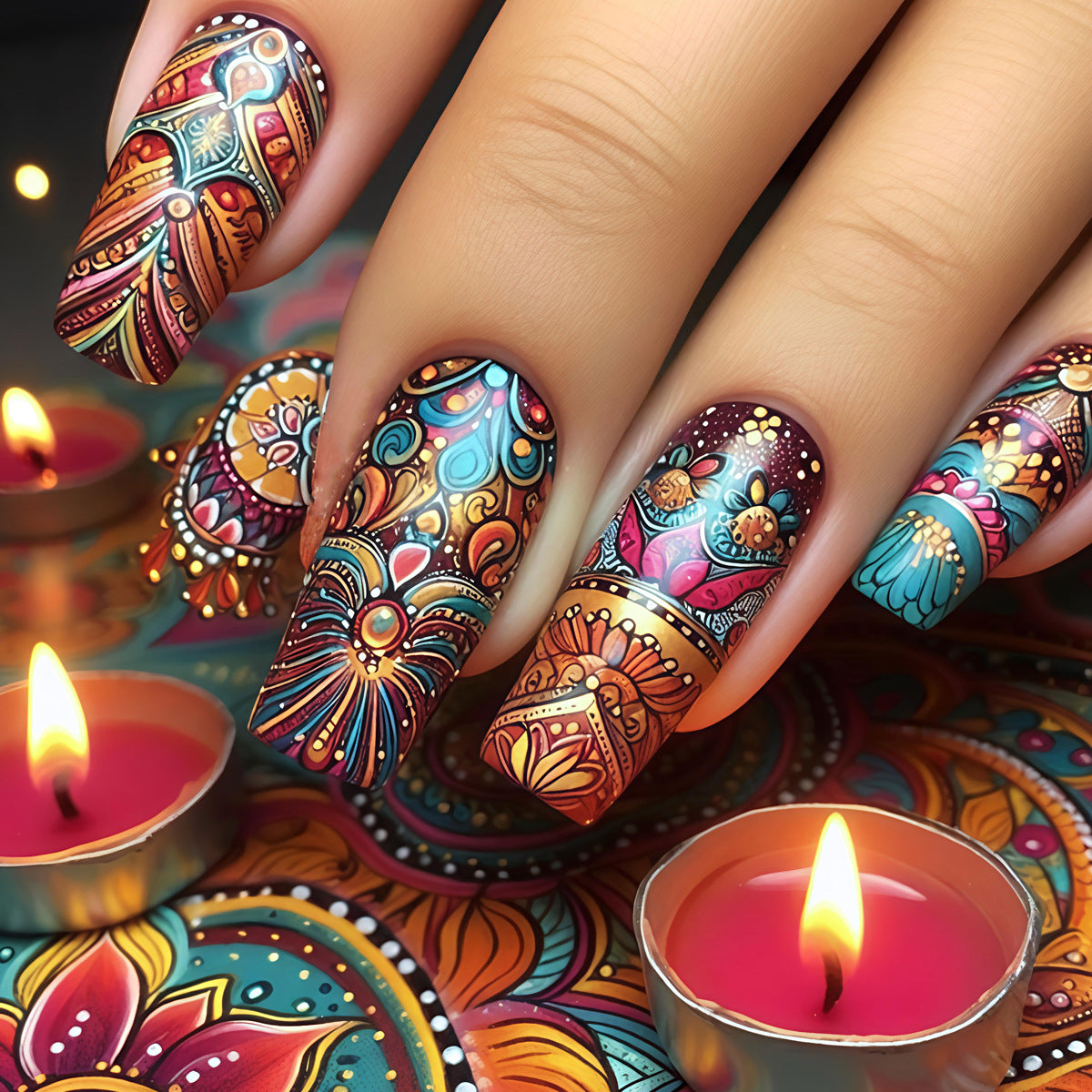 24pcs/Set Colorful Totem Ethnic Style Press-On Nails