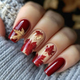 24pcs/Set Ombre Autumn Leaves Red Maple Golden Foliage Press-On Nails