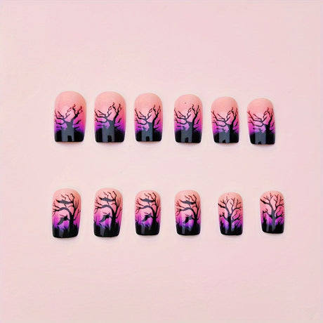 24pcs/Set Halloween Black Dead Trees With Ravens Press-On Nails