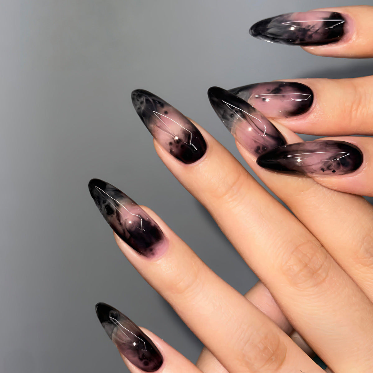 24pcs/Set Black Ink Wash Effect Press-On Nails