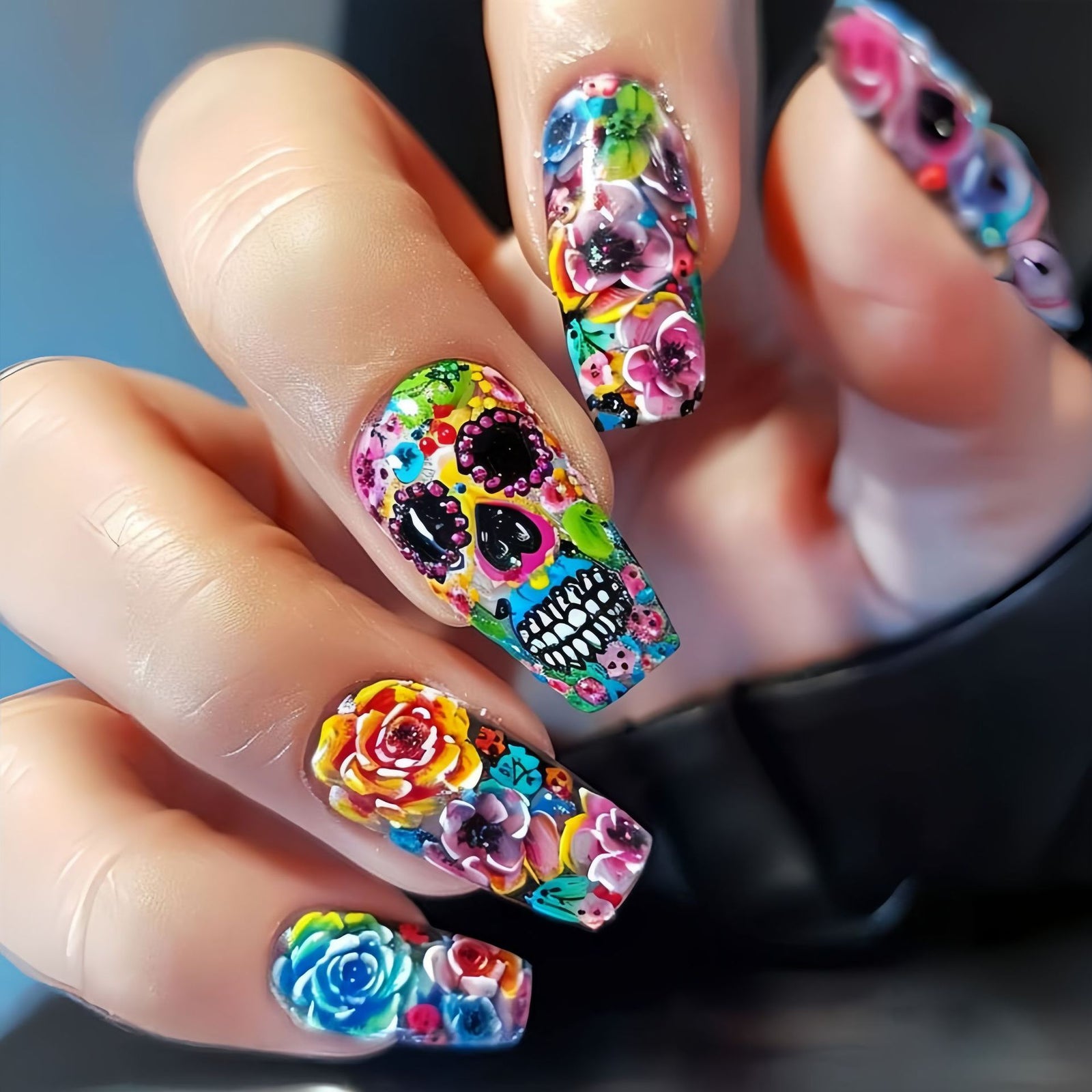 24pcs/Set Halloween Skeleton Plant Flower Press-On Nails