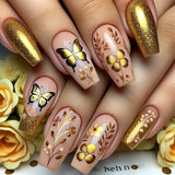 24pcs/Set Golden Flowers Butterfly Glitter Press-On Nails