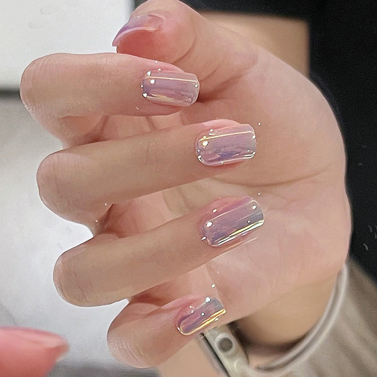 24pcs/Set Pink-White Aurora Mirror Electroplating Press-On Nails