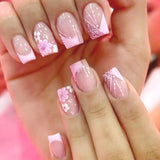 24pcs/Set White Pink Glitter Flowers Press-On Nails