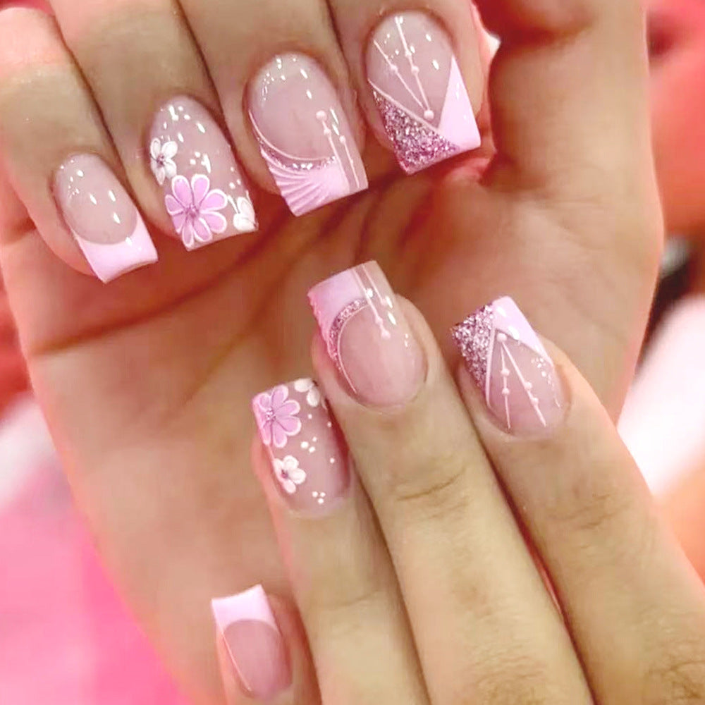 24pcs/Set White Pink Glitter Flowers Press-On Nails