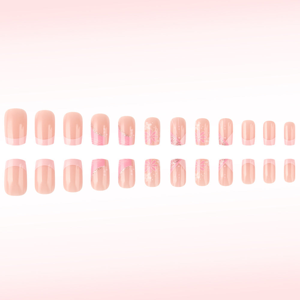 24pcs/Set White Pink Glitter Flowers Press-On Nails