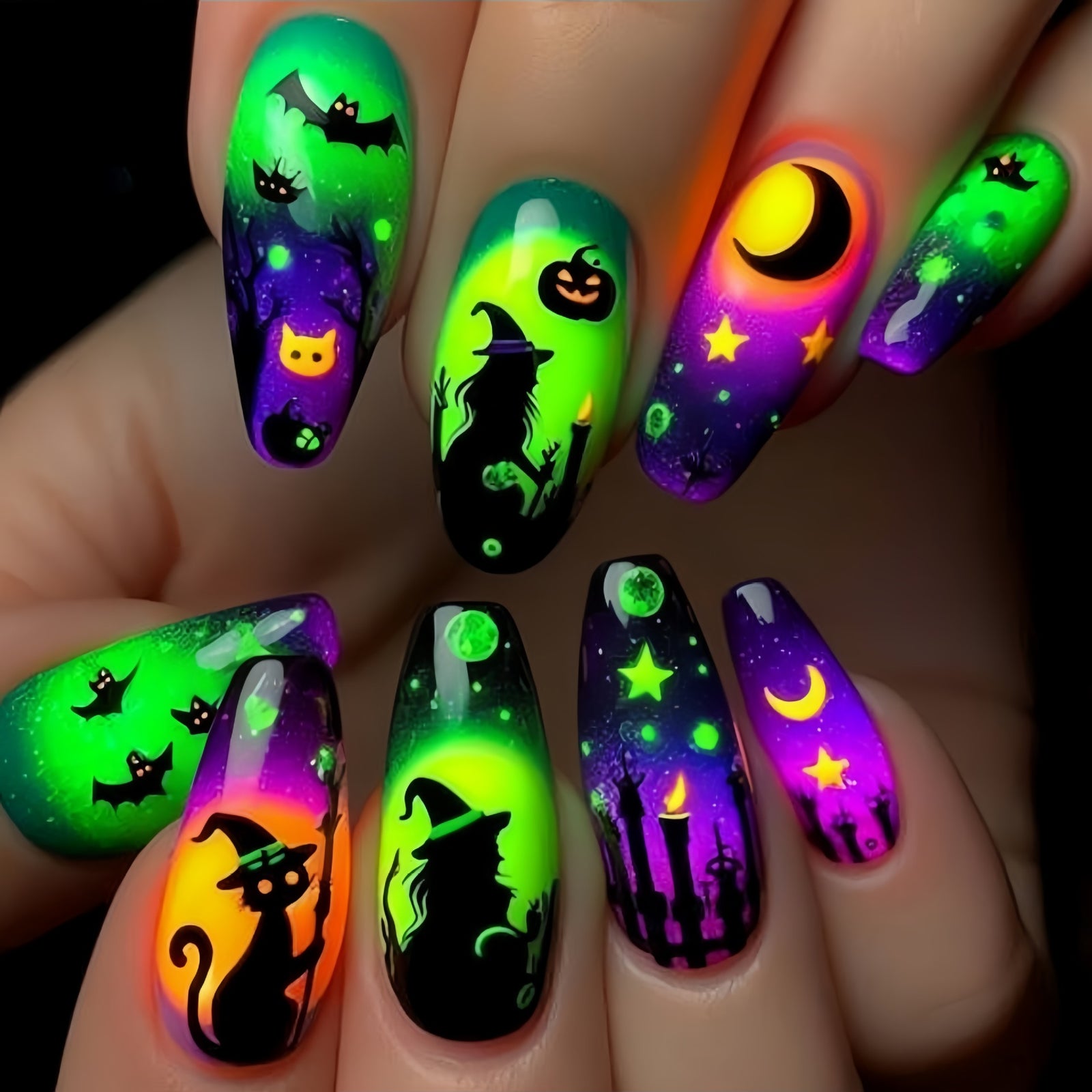 24pcs/Set Halloween Green Wizard Moon Castle Press-On Nails