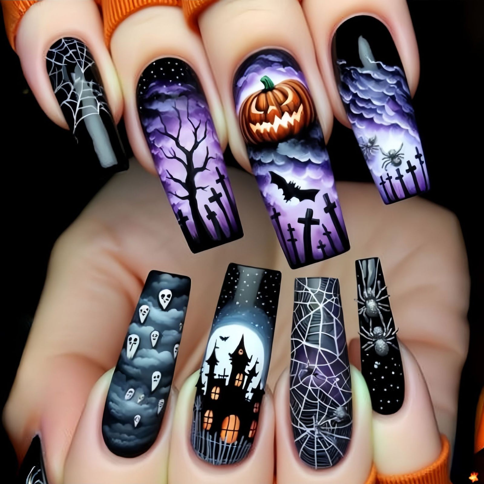 24pcs/Set Halloween Purple Horror Pumpkin Castle Press-On Nails