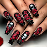 24pcs/Set Halloween Red Rose Skull Press-On Nails