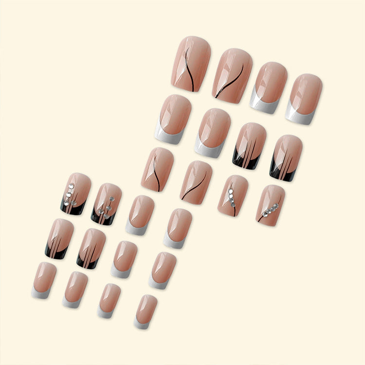 24pcs/Set Black And White French Rhinestone Press-On Nails