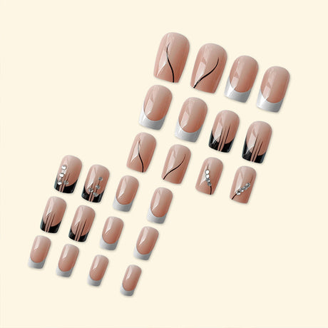 24pcs/Set Black And White French Rhinestone Press-On Nails