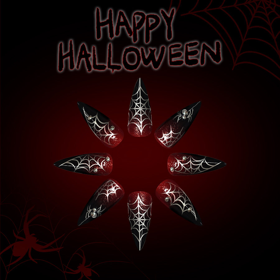 24pcs/Set Halloween Gradient Dark Red Glitter Steel Bead Spider Press-On Nails