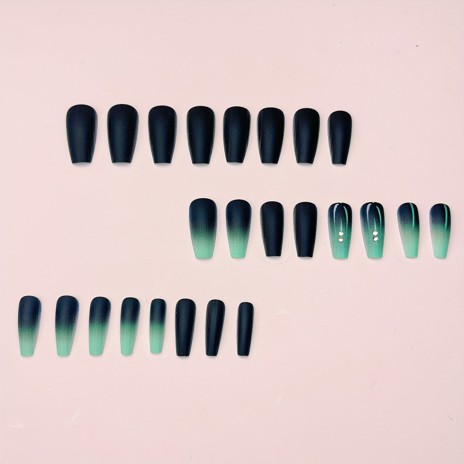 24pcs/Set Green-Black Gradient Glitter Diamond Press-On Nails