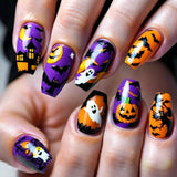 24pcs/Set Orange-Purple Pumpkin-Headed Bat Ghost Press-On Nails