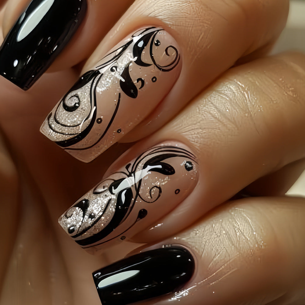 24pcs/Set Dark Black Vine Press-On Nails