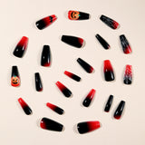 24pcs/Set Halloween Black-Red Gradient Spider Web Bat Pumpkin Head Press-On Nails