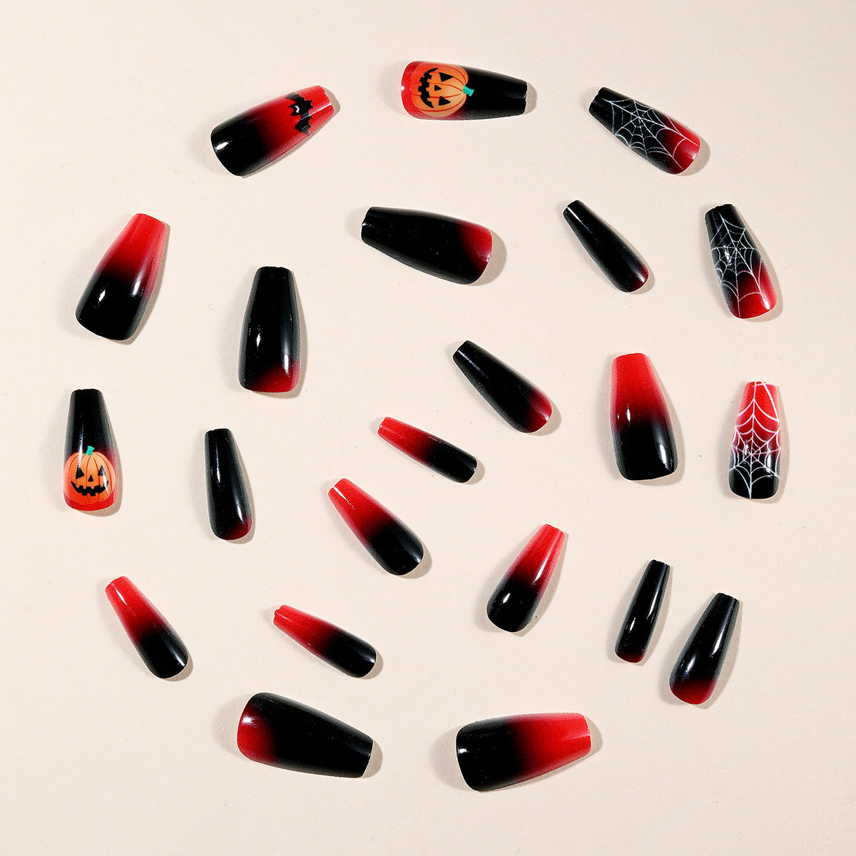 24pcs/Set Halloween Black-Red Gradient Spider Web Bat Pumpkin Head Press-On Nails
