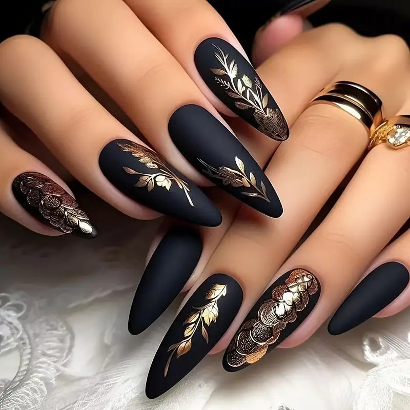 24pcs/Set Matte Embossed Wheat Stalks And Leaves Press-On Nails