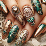 24pcs/Set Relief Feather Golden Heart Flower Press-On Nails
