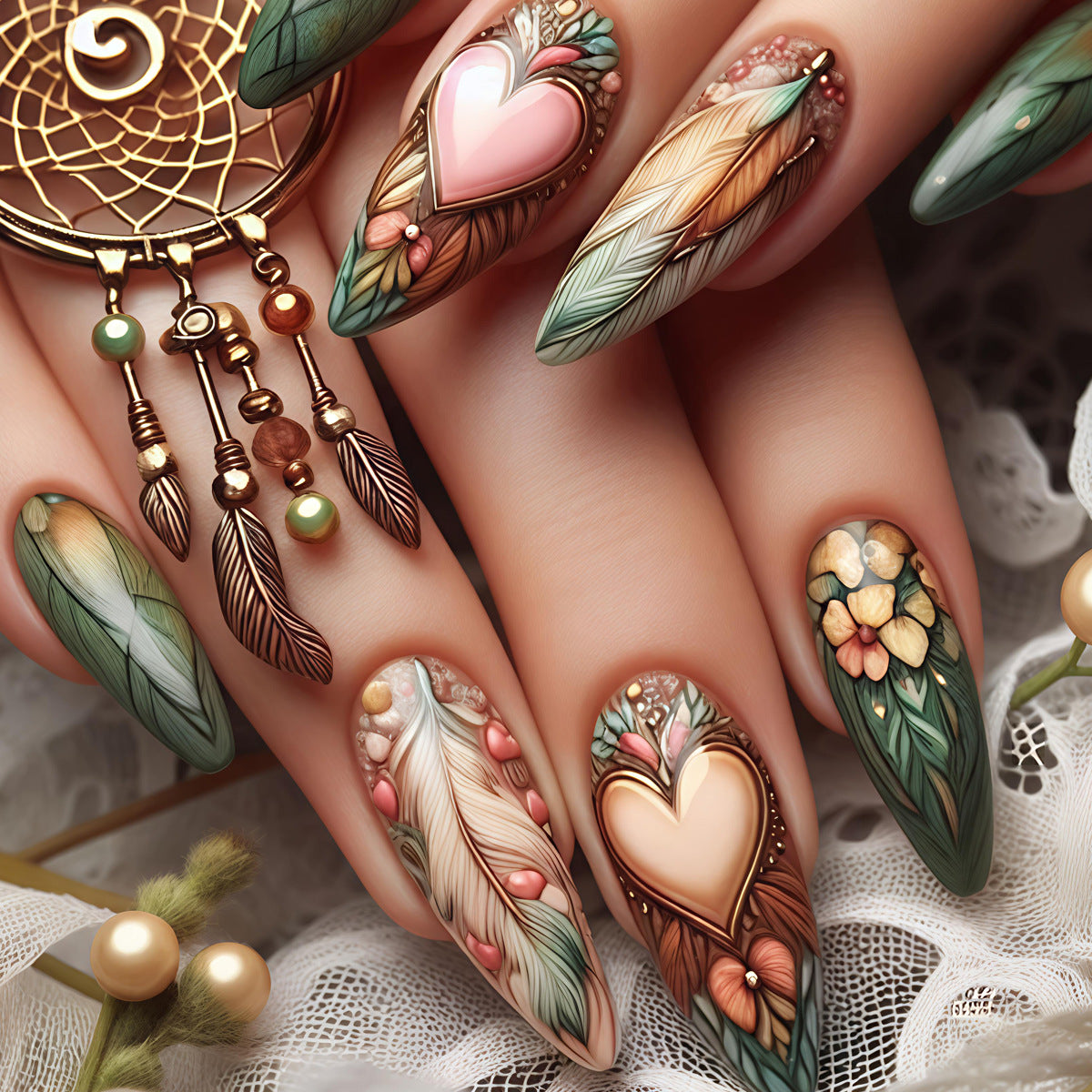 24pcs/Set Heart Feather Bohemian Style Press-On Nails