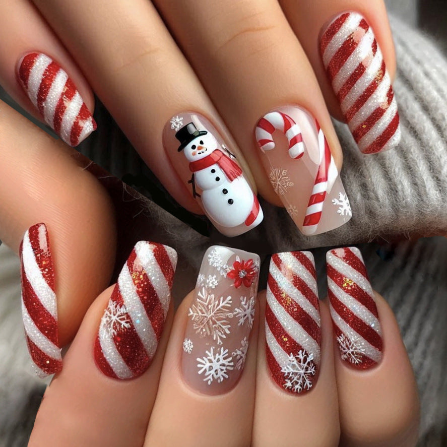 24pcs/Set Christmas Snowflake Snowman Red & White Stripes Press-On Nails