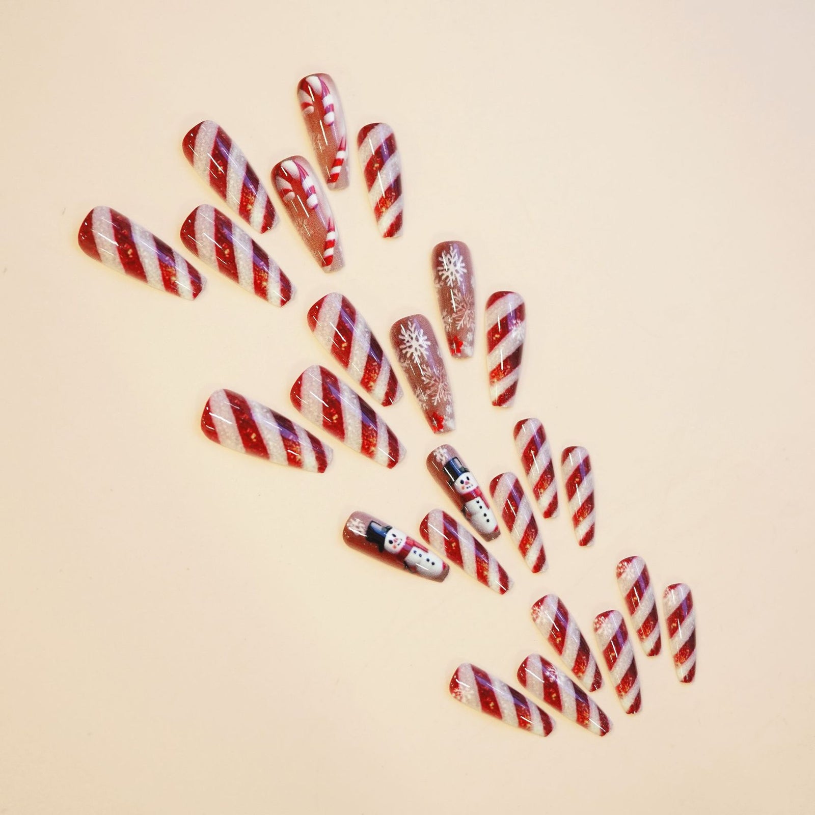 24pcs/Set Christmas Snowflake Snowman Red & White Stripes Press-On Nails