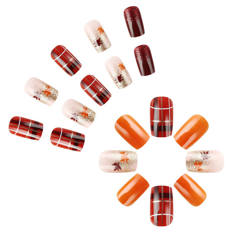 24pcs/Set Maple Leaf Lines with Gold Edges & Glitter Press-On Nails