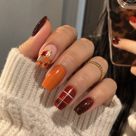 24pcs/Set Maple Leaf Lines with Gold Edges & Glitter Press-On Nails