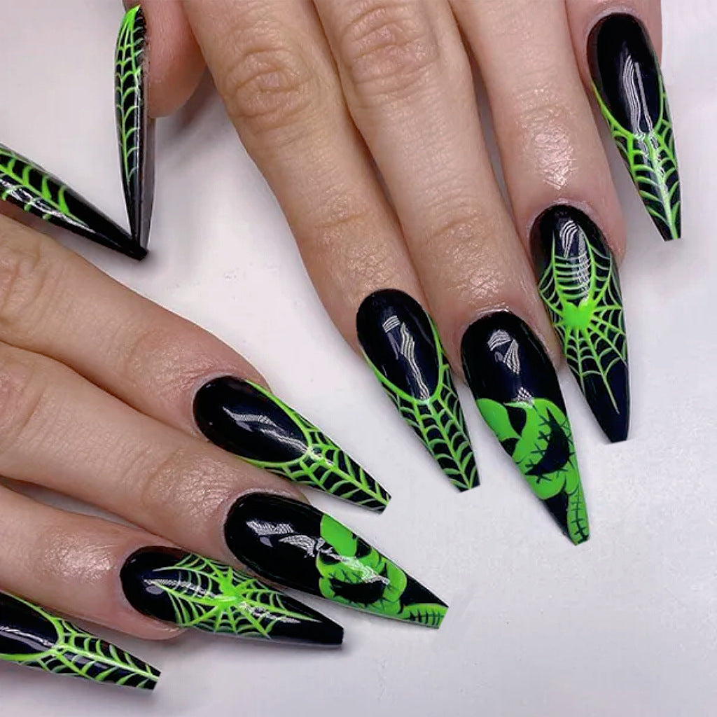 24pcs/Set Halloween Green Ghost Cobweb Press-On Nails