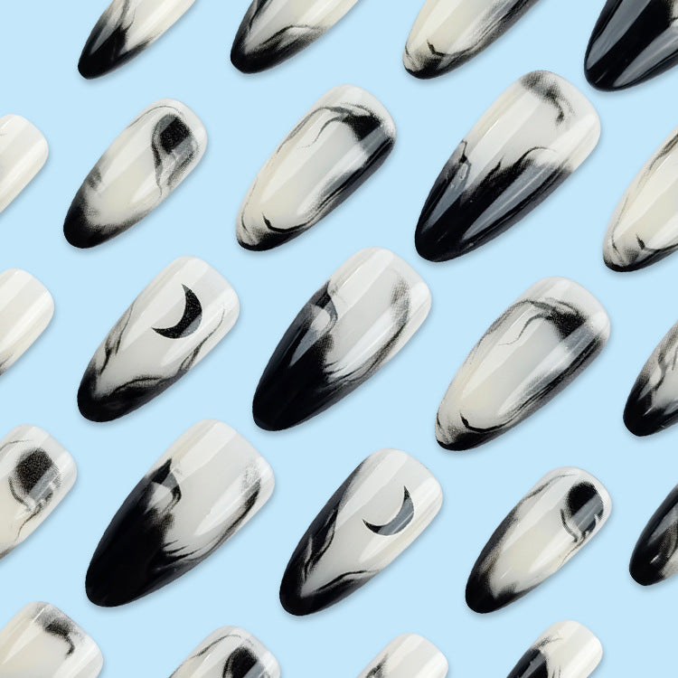 24pcs/Set Short Black-Bordered Ink-Wash Crescent Moon Press-On Nails