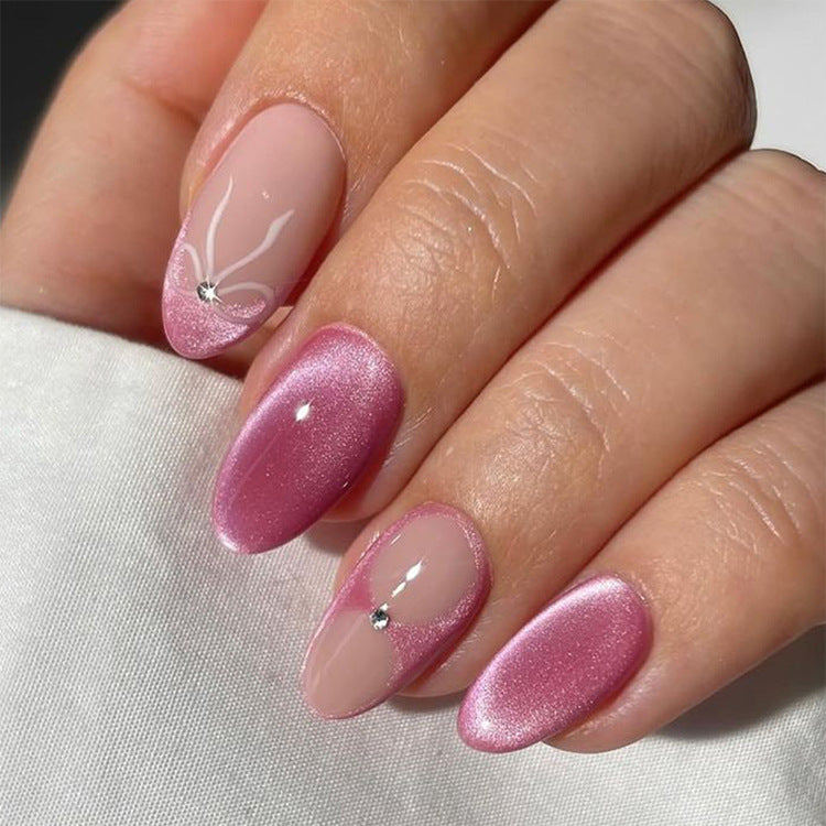 24pcs/Set Pink Purple Cat Eye Fantasy Diamond Decor Press-On Nails