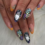 24pcs/Set Halloween Short Orange French Skeleton Flower Ghost Press-On Nails