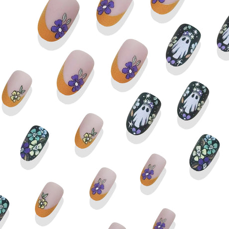 24pcs/Set Halloween Short Orange French Skeleton Flower Ghost Press-On Nails
