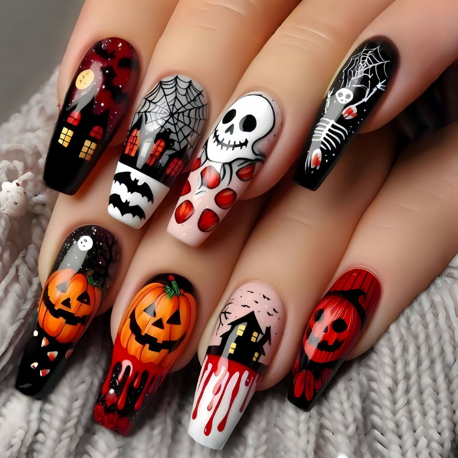24pcs/Set Christmas Pumpkin Ghost Cobweb Castle Press-On Nails