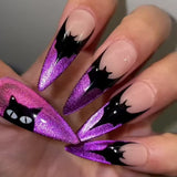 24pcs/Set Halloween Purple Edge Black Bat & Cat Press-On Nails