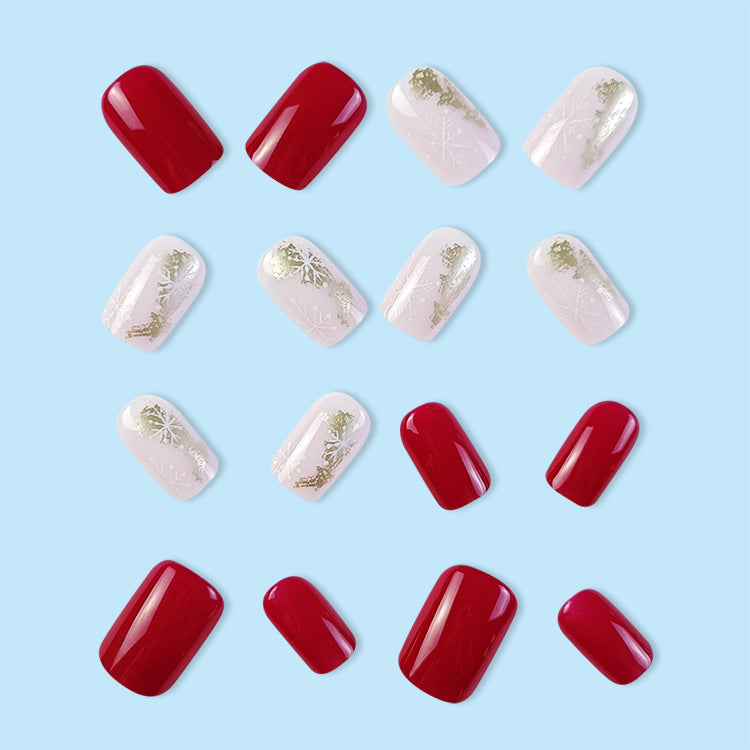 24pcs/Set Pink White Snowflakes Golden Red Press-On Nails