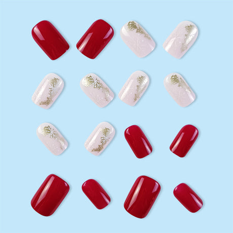 24pcs/Set Pink White Snowflakes Golden Red Press-On Nails