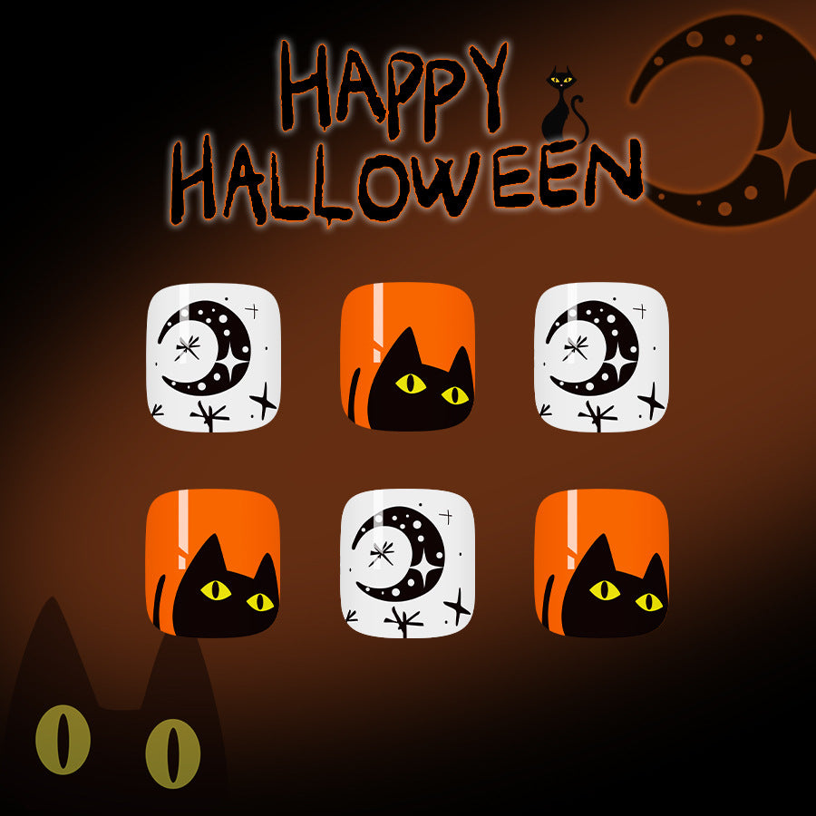 24pcs/Set Short Halloween Moon Cute Kitten Press On Toe Nails