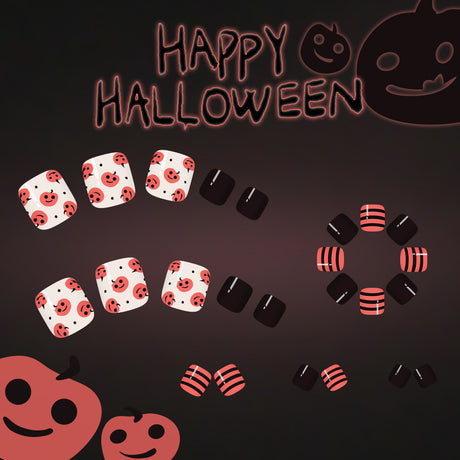 24pcs/Set Short Halloween Cute Orange Pumpkin Stripes Press On Toe Nails