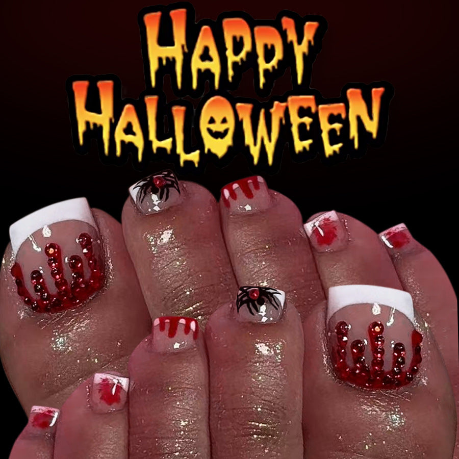 24pcs/Set Short Halloween Spiderweb Blooddrop Dark Red Diamond Press On Toe Nails
