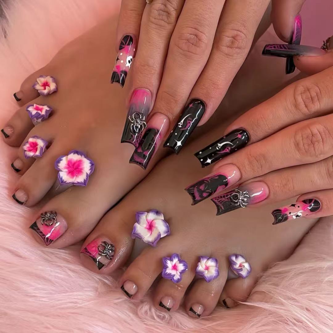 48pcs/Set Halloween Ghostly Crushed Diamond Spider Gradient Hand&Toe Press On Nails