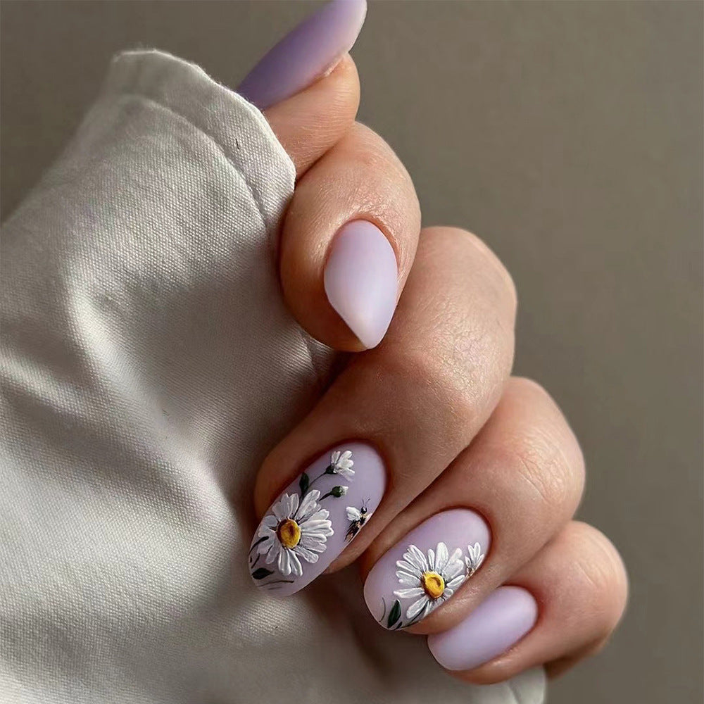 24pcs/Set Daisy Bee Purple Solid Short Style Press-On Nails