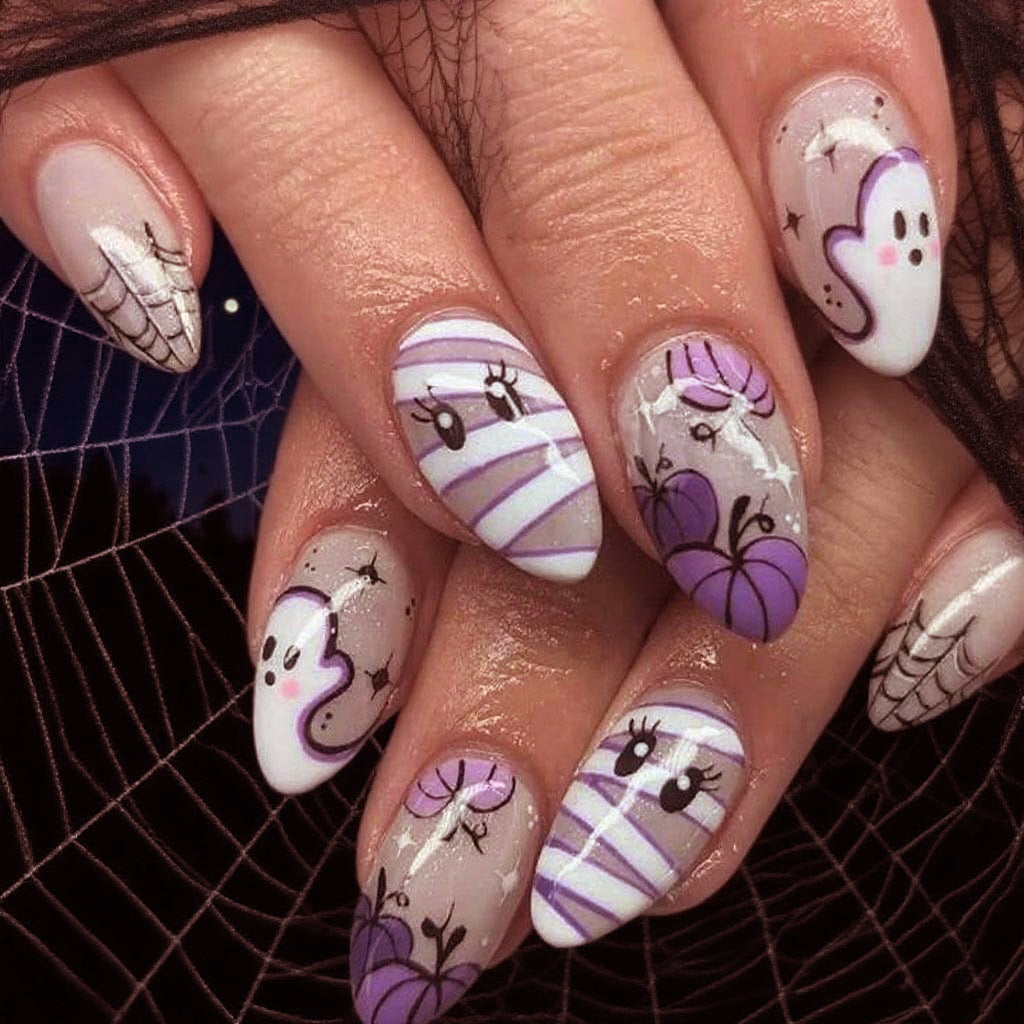 24pcs/Set Purple Halloween Pack-Pumpkin Ghost Mummy Press-On Nails