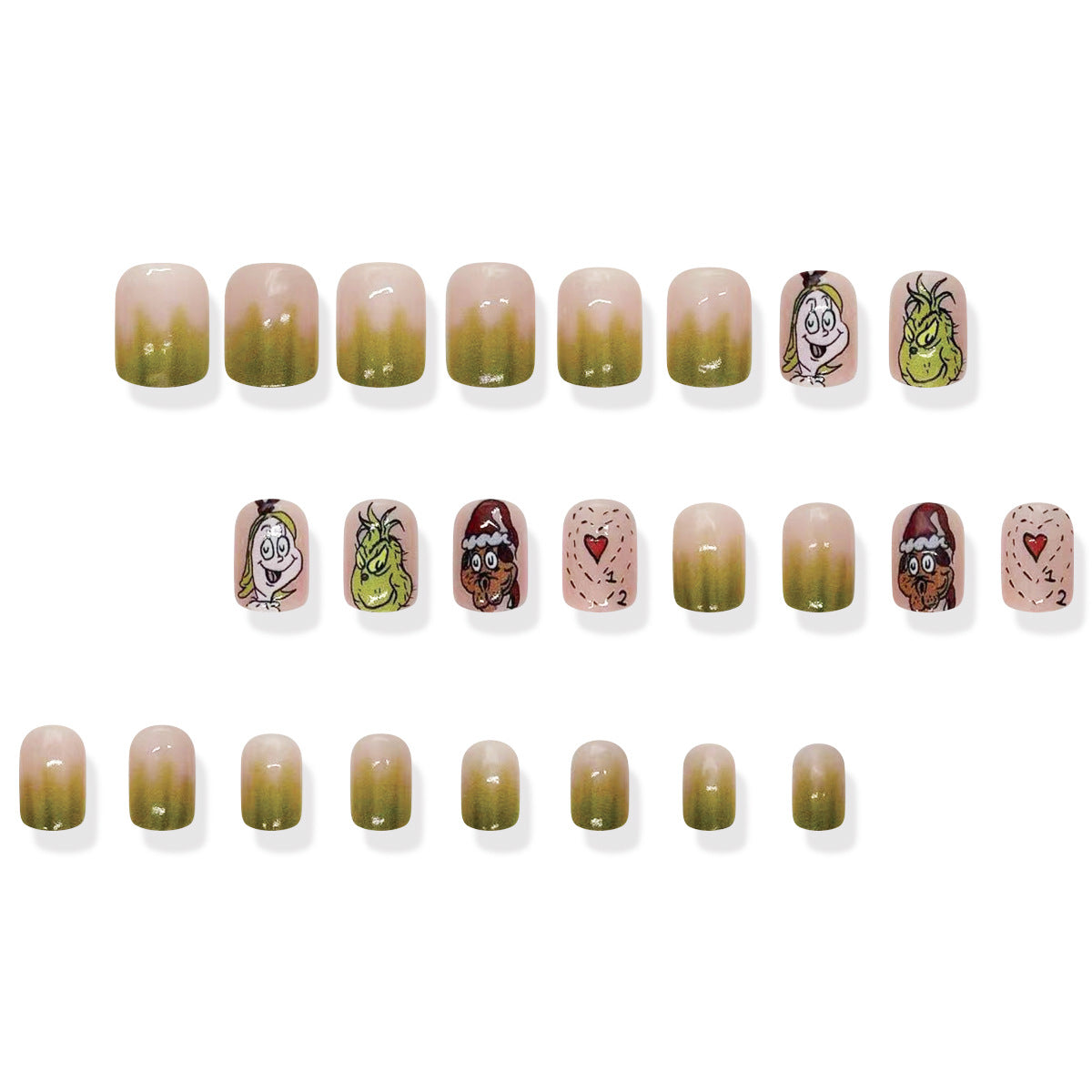 24pcs/Set Christmas Short Square Cartoon Green Monster Green Gradient Press-On Nails