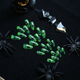 24pcs/Set Halloween Glow Green Background Black Devil Spider Cat Bat Ghost Face Press-On Nails