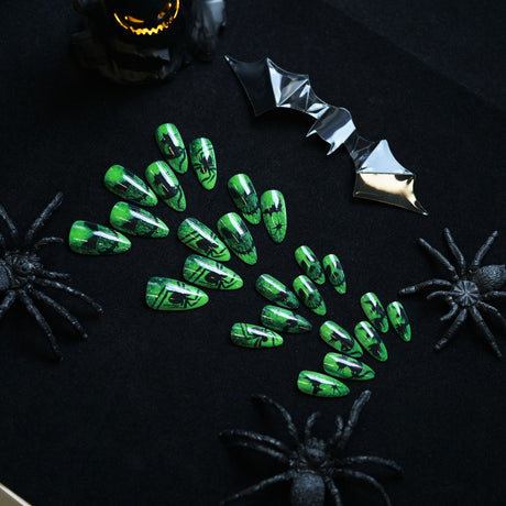 24pcs/Set Halloween Glow Green Background Black Devil Spider Cat Bat Ghost Face Press-On Nails