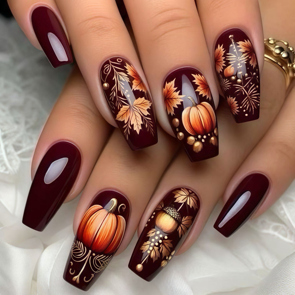 24pcs/Set Halloween Pumpkin Acorn Maple Leaf Press-On Nails