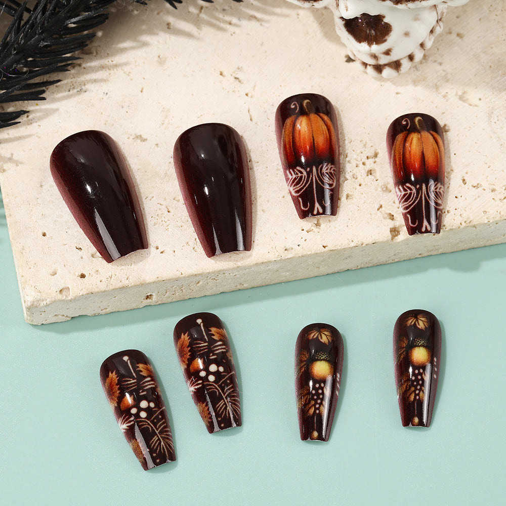 24pcs/Set Halloween Pumpkin Acorn Maple Leaf Press-On Nails