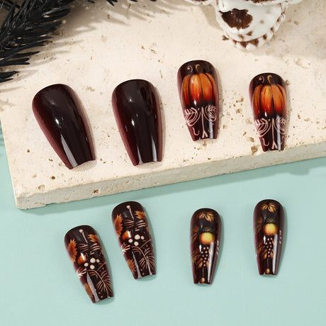 24pcs/Set Halloween Pumpkin Acorn Maple Leaf Press-On Nails