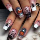 24pcs/Set Halloween White French Black Spiders Orange Pumpkins Dark Forest Press-On Nails